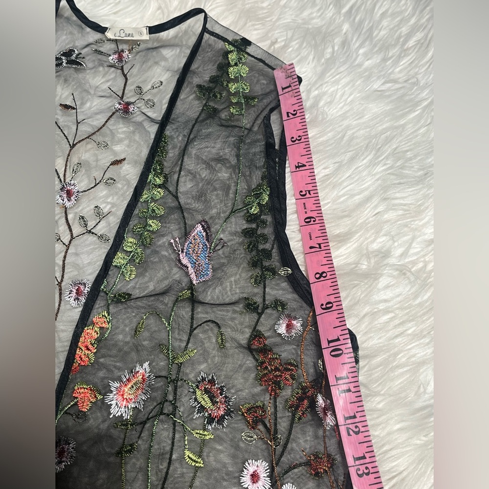 Black Sheer Embroidered Tulle Mesh Long Duster Floral Open Front Topper Vest - Picture 9 of 13